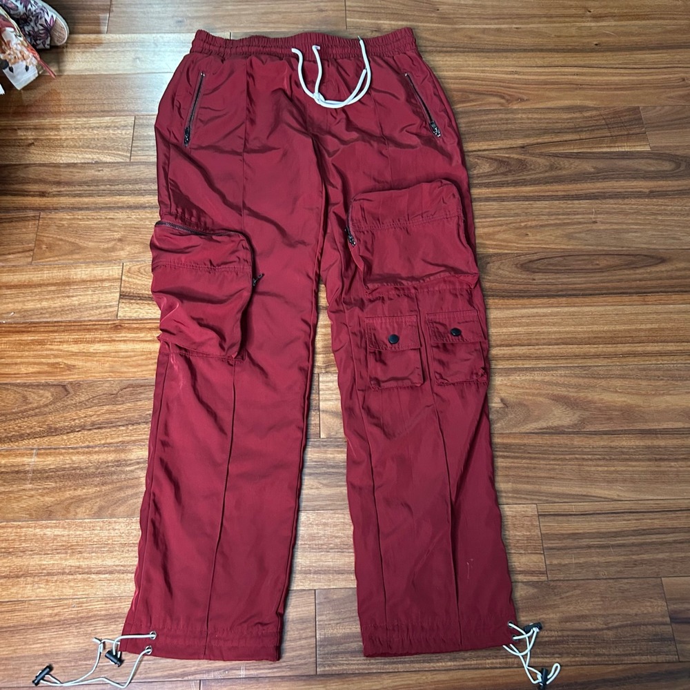 EPTM Mens Burgundy Red Multi Pocket Cargo Tech Pants Size L 34 Drawstring 9765